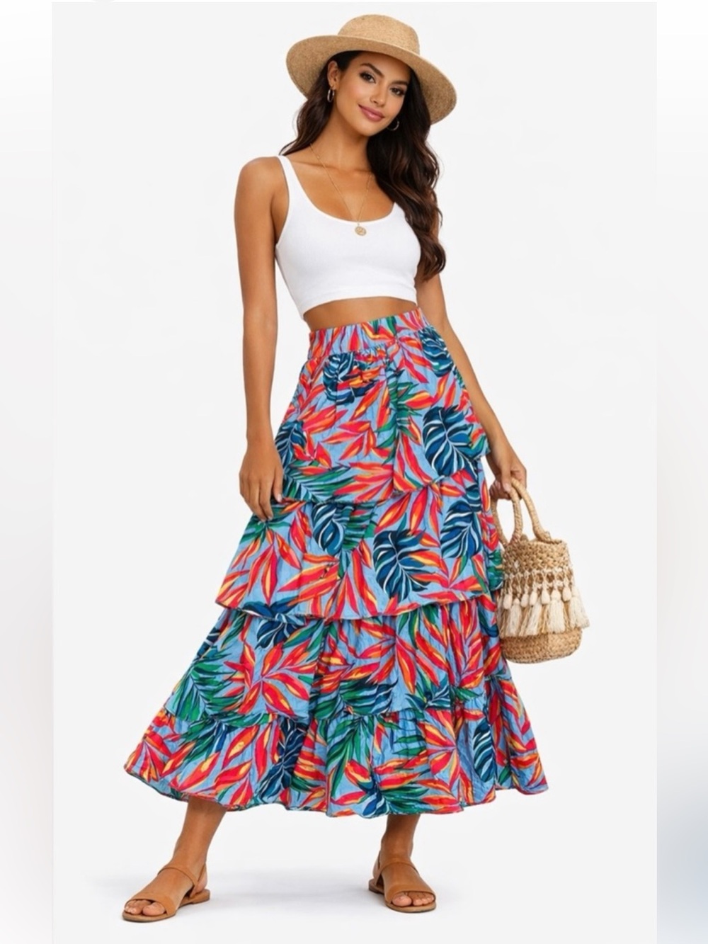 Tropical Print Tiered Skirt